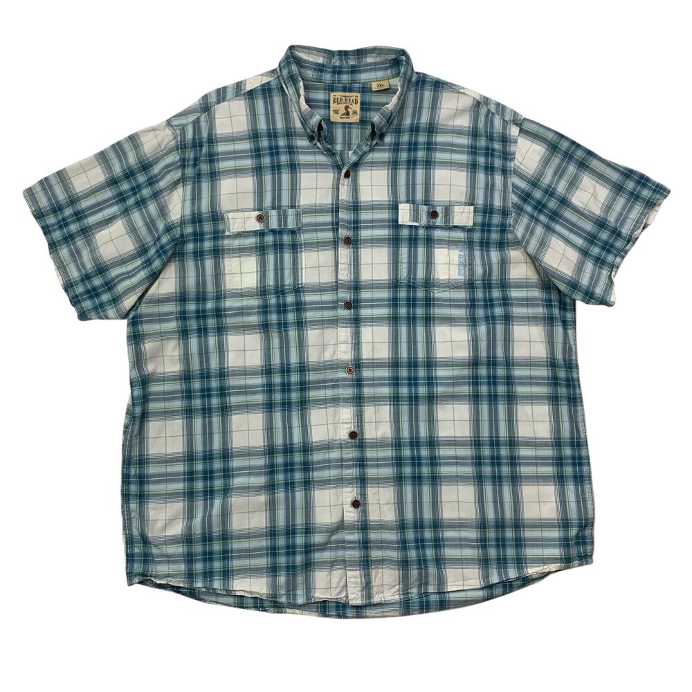 RedHead Shirt Mens 2XL Blue Green Button Down Plaid Modal Blend Short Sleeve